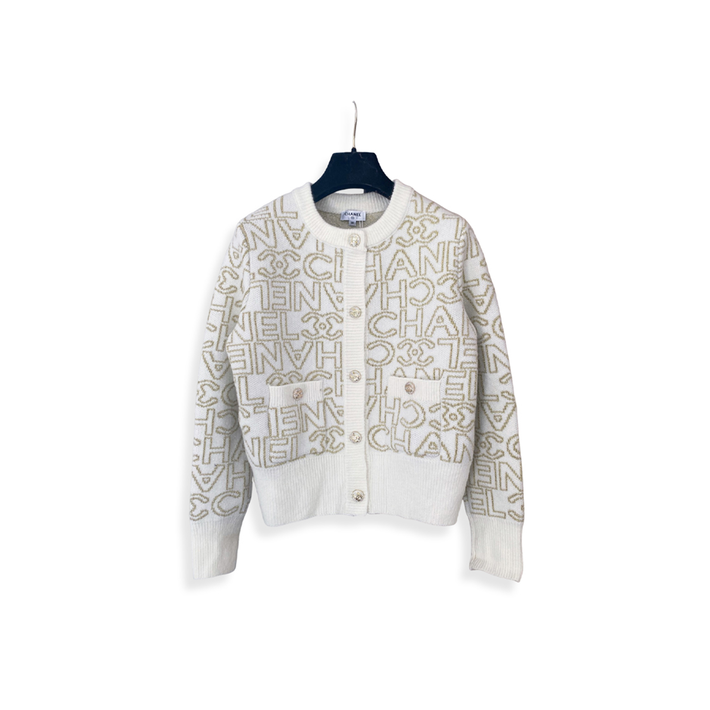 CHANEL LETTER JACQUARD CREW NECK KNIT CARDIGAN 
